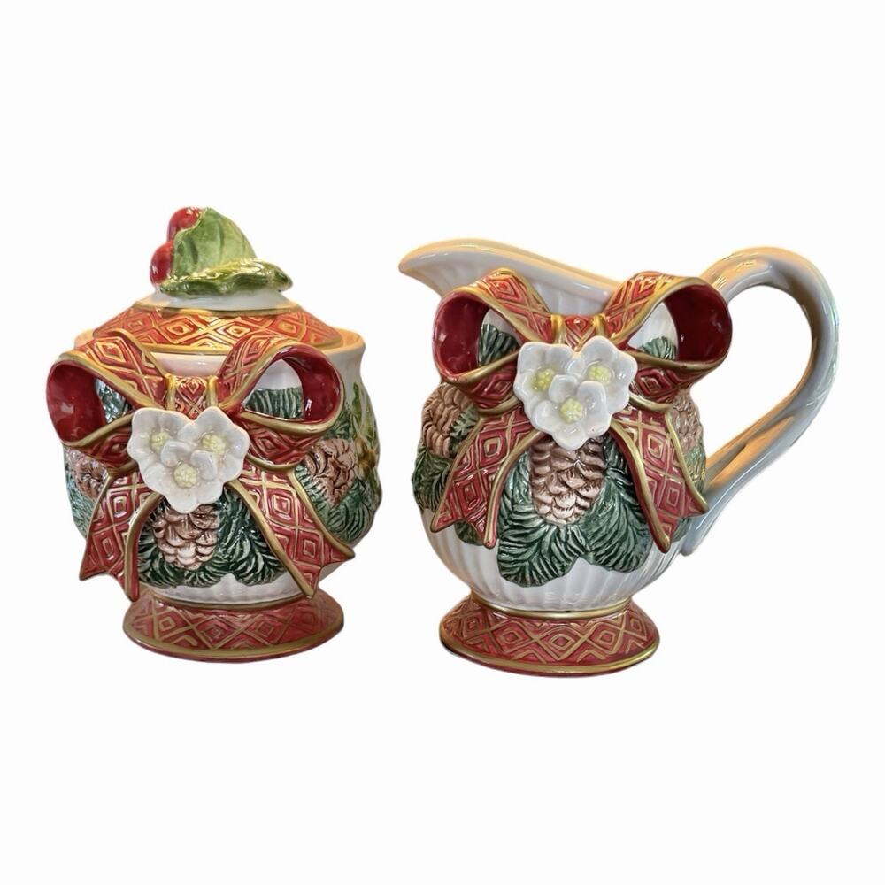 Vintage 1995 Fitz & Floyd “Christmas Rose”Creamer Pitcher Red Bow Braided Handle
